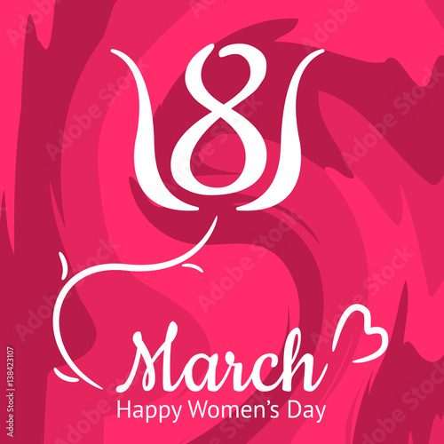 Nice flat Happy Women s Day greeting, gift card. International womens celebration on 8th March. Design with pink and white colors. Vector illustration graphic. Background template.