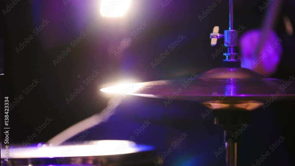 Concert rock band performing - drum set, close up Concert rock band performing - drum set, close up