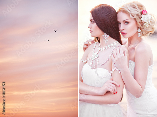 Young Two Brides in White Dreses Posing by the Sea on Sunset photo