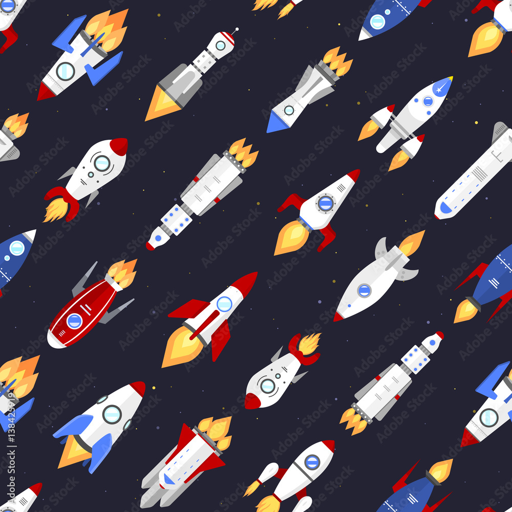 Naklejka premium Vector technology ship rocket cartoon seamless pattern.