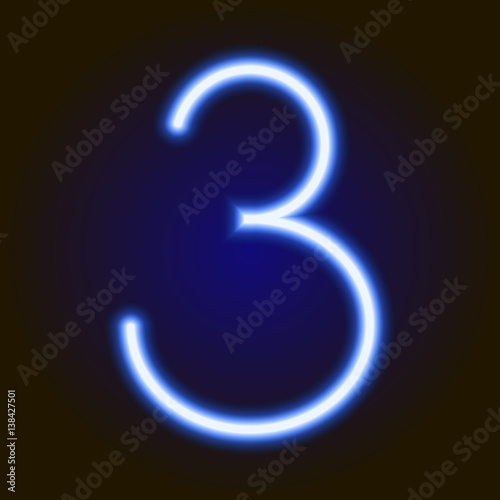 single light blue neon numeral 3 of vector illustration
