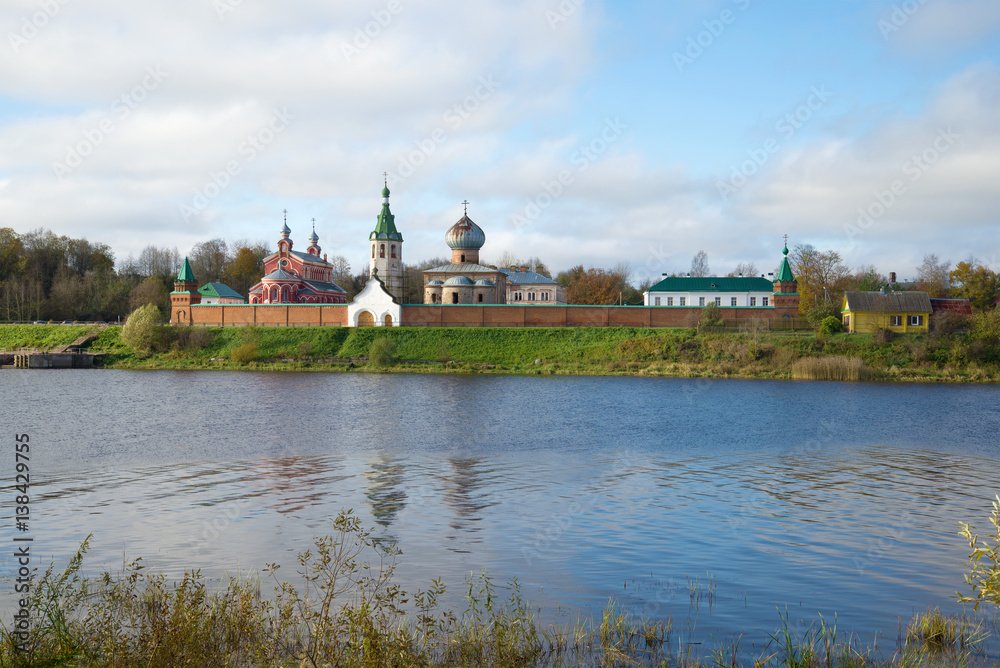 Staraya Ladoga Nikolsky monastery on the banks of the river Volkhov, sunny October afternoon. Leningrad region, Russia