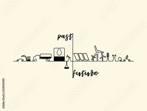 mono line illustration vector of home electricity renewable energy power system consist of renewable energy wind turbine, solar cell, transmission tower, house and electric vehicle versus fuel energy