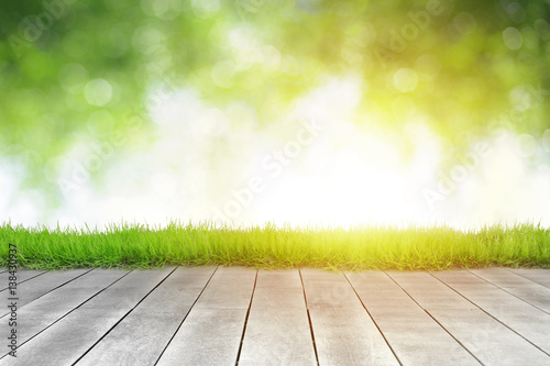 Wooden plank and bright spring green leave bokeh background with sunlight