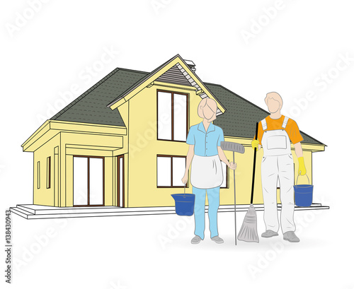 people who clean the house on the background. vector illustration.