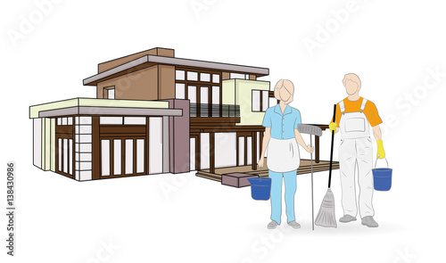 people who clean the house on the background. vector illustration.