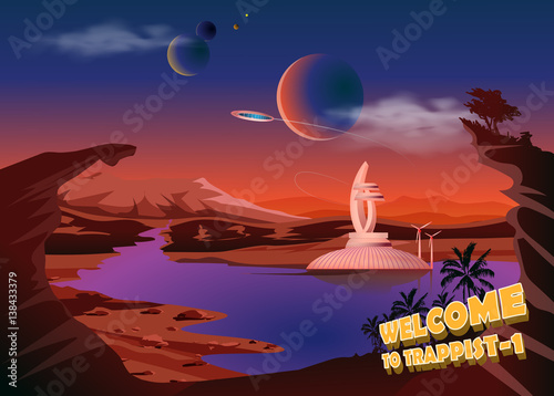 Trappist-1 system. Exoplanets. Space landscape, the colonization of the planets. Vector illustration