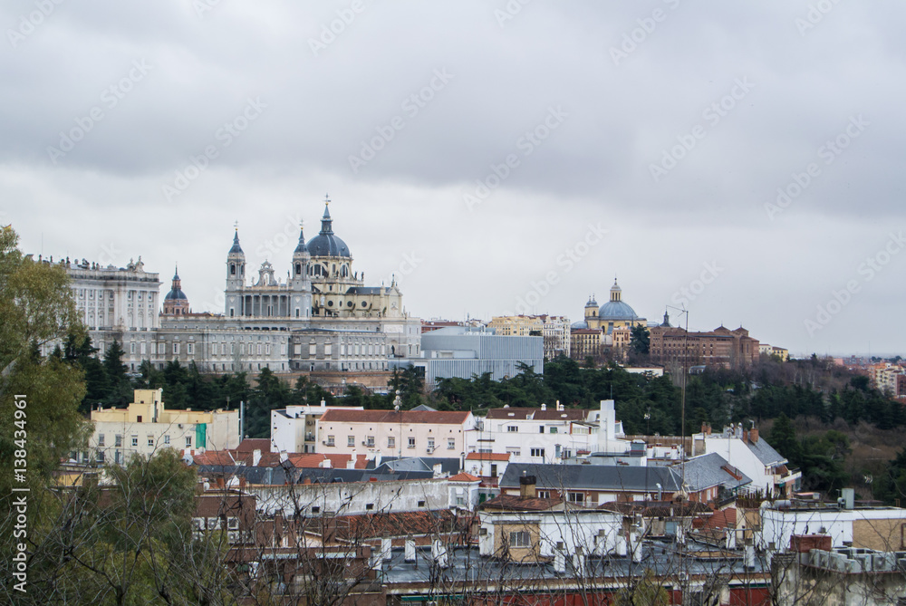 A panoramic view to Royal Palace of Madrid and its surroundings on cloudy winter day, Madrid, Spain.