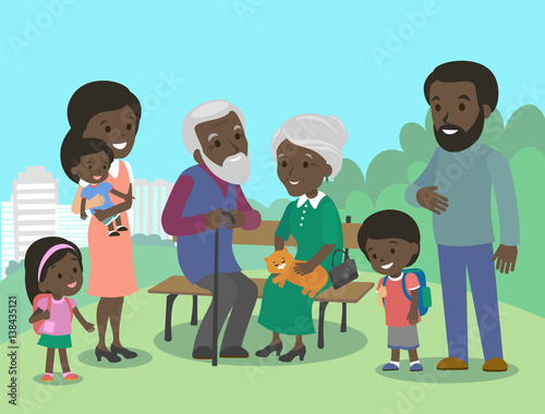 Big African family characters with mother father grandmother grandfather kids baby child set. Vector. Familiar meeting in the park. Indian brown skin