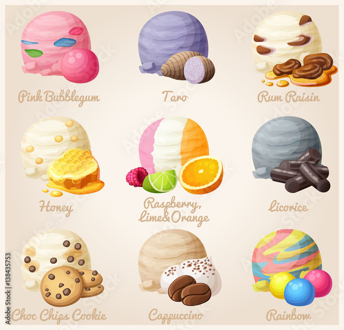 Set of cartoon vector icons. Ice cream scoops with different fruit and berry flavors. Pink Bubblegum, Taro, Rum Raisin, Honey, Licorice, Chic Chop Cookie, Cappuccino, Rainbow. Part 6