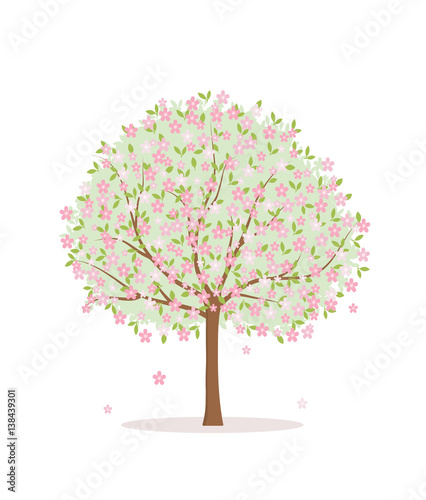 Blooming tree on white background. Flat style, vector illustration. 