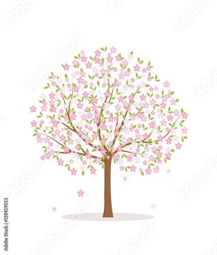 Blooming tree on white background. Flat style, vector illustration. 