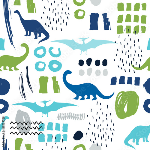 Seamless pattern with cartoon dinosaurs. For cards, party, banners, and children room decoration.