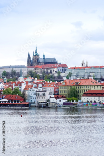 Old Town ancient architecture and river pier in Prague, Czech Republic