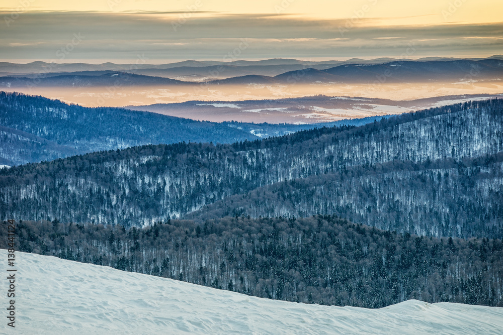 Fototapeta premium Bieszczady mountains in winter, beautiful sunrise