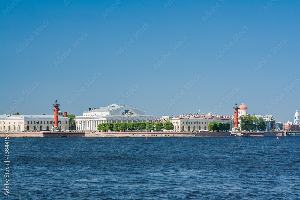 View of St. Petersburg. Rostral columns in sunny day. Saint-Petersburg Russia.