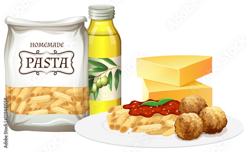 Penne pasta and meatballs with all ingredients