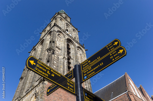 Tourist sign in front of the Martini church in Groningen