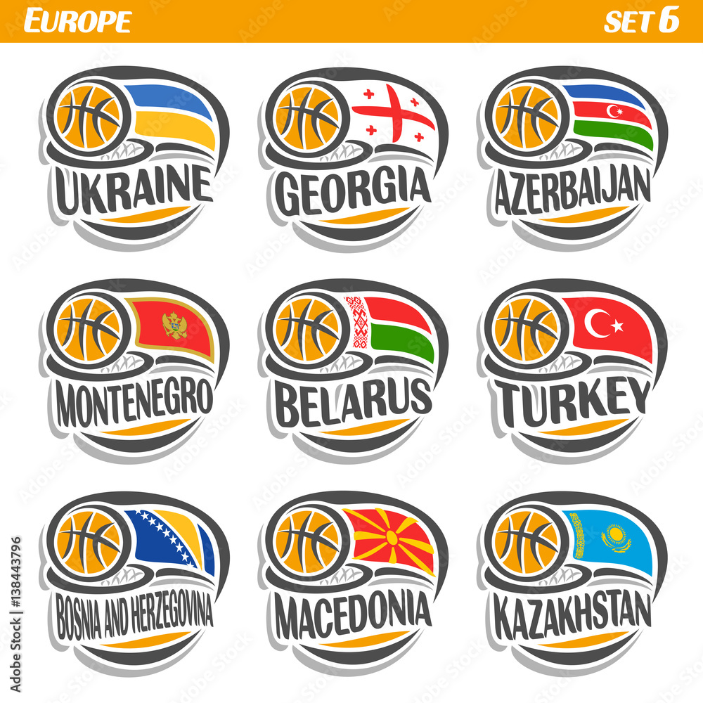 Vector set Flags of European Countries with Basketball Ball Logo