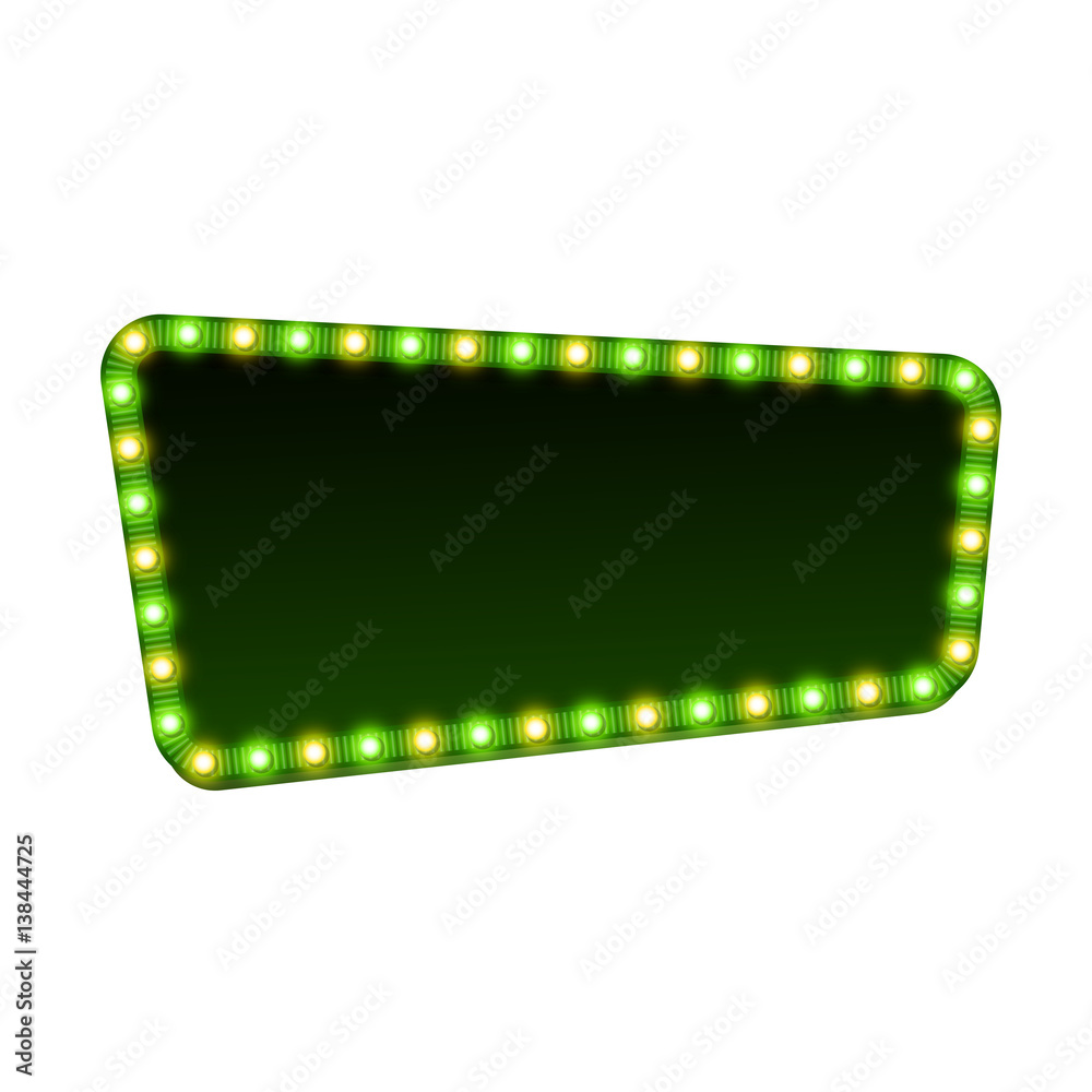 Fototapeta premium Blank 3d retro light sign with shining bulbs isolated on white background. Green street signboard with yellow and green marquee lights and dark backdrop. Advertising frame Colorful vector illustration