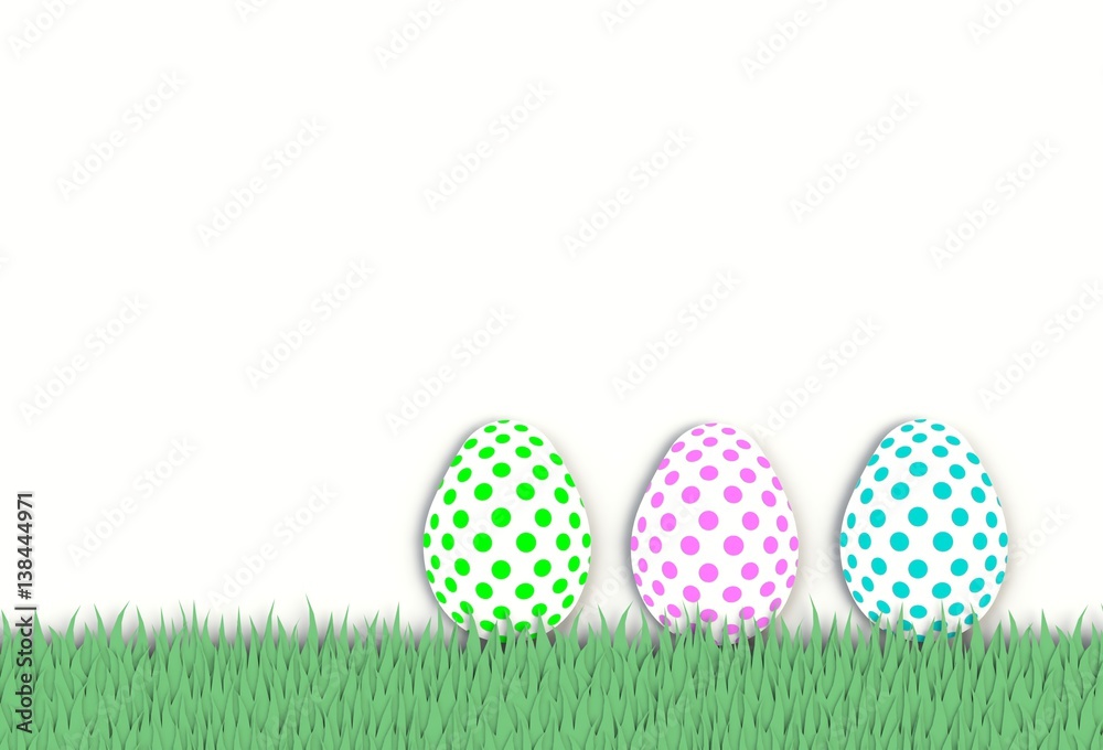 Colorful easter eggs with grass isolated on white background, paper art and craft style.