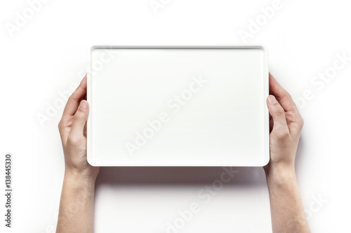 woman hand hold a white plastic empty box isolated white.