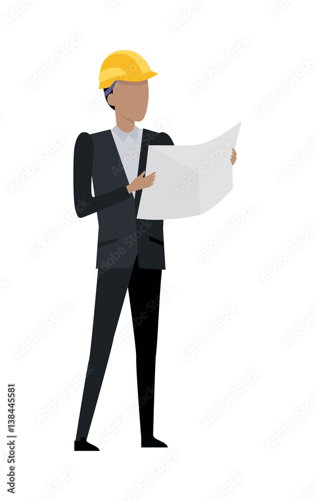Man in Black Suit and Yellow Helmet. Blueprint Man in Black Suit and Yellow Helmet. Blueprint