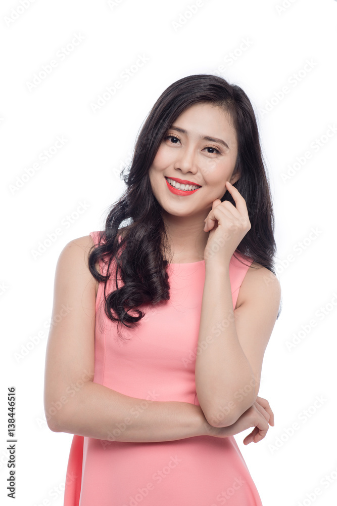 Asian young beautiful woman with long black hair in pink dress standing over white. Asian young beautiful woman with long black hair in pink dress standing over white.