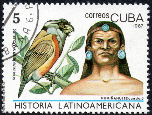 UKRAINE - CIRCA 2017: A stamp printed in Cuba, shows Image of a chieftain Ruminahui Ecuador and bird Toucan Barbet Semnornis ramphastinus, the series Latin American history, circa 1987 photo