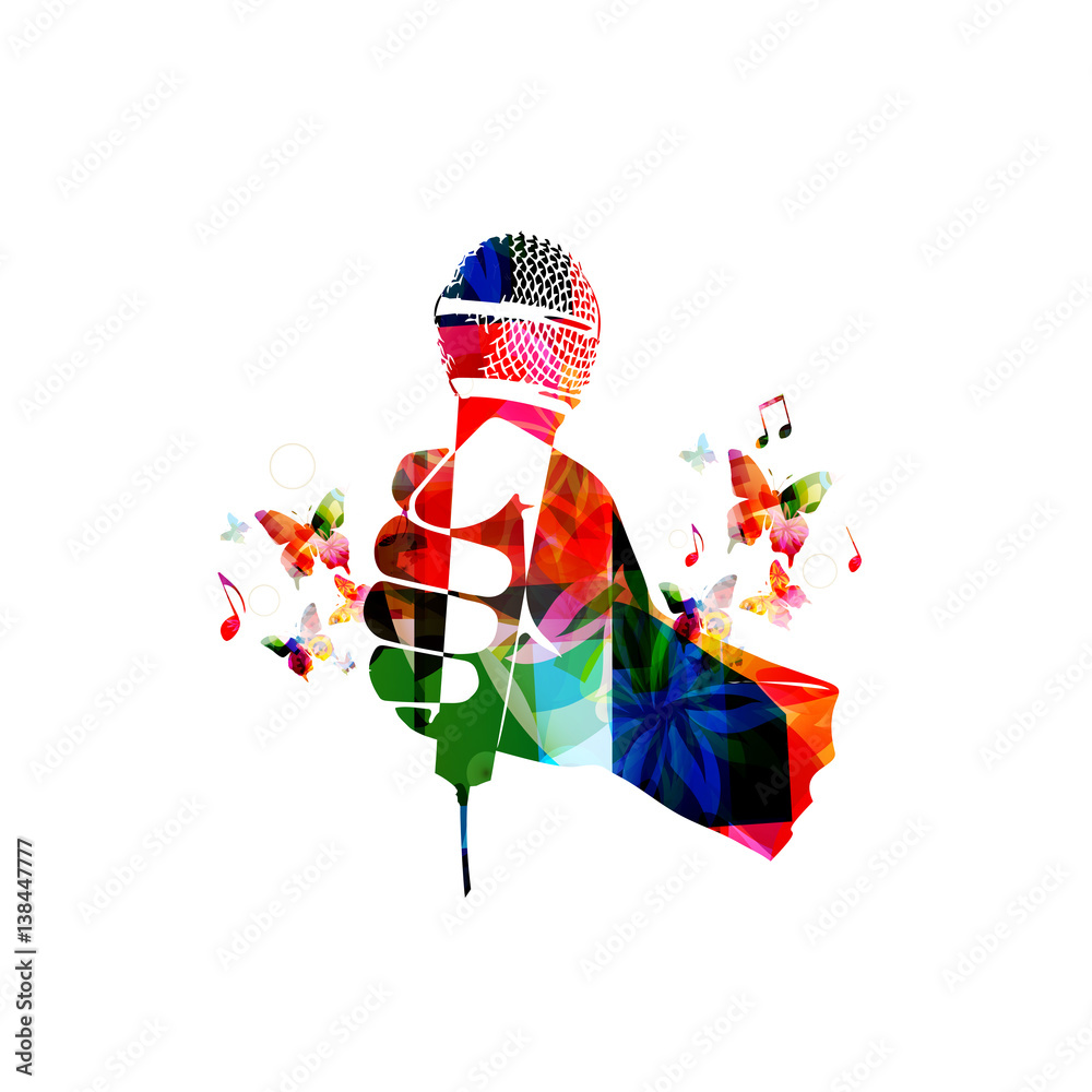 Colorful human hand with microphone. Microphone with music notes background  vector illustration. Design for poster, brochure, invitation, banner,  flyer, concert, singing, karaoke and music festival Stock Vector | Adobe  Stock