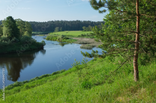 Summer landscape with a river on a sunny morning. Ugra River in the Smolensk region