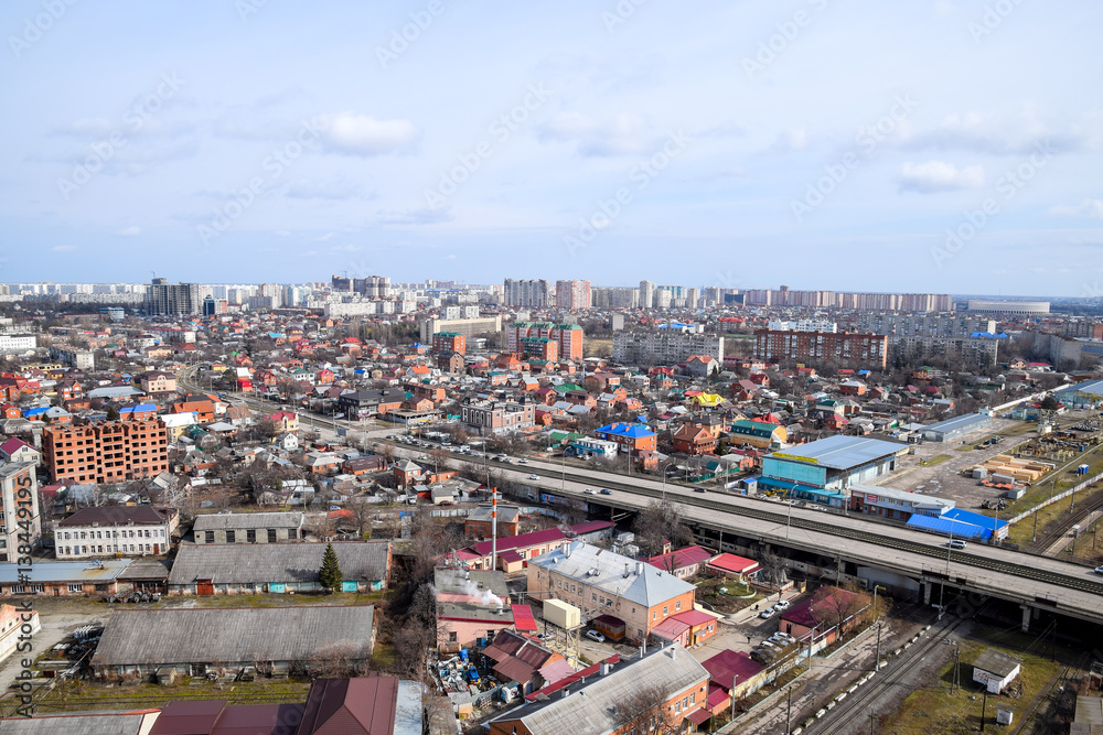 Obraz premium City landscape. The view from the heights of the 24th floor. Krasnodar city. Urban view.