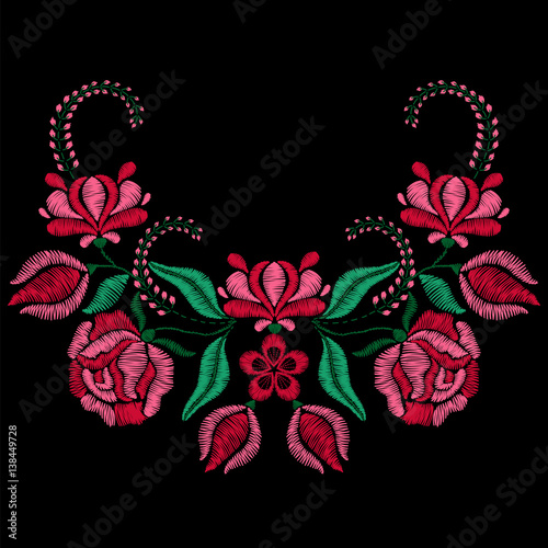 Embroidery with roses, spring flowers. Necklace for fabric, textile floral print. Fashion design for girl wear decoration. Tradition ornamental pattern. Vector illustration on black background.