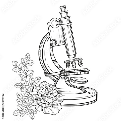 Vector old microscope with roses. Vintage hand drawn illustration for science book cover, tattoo template, laboratory alchemy symbol isolated on white background. Back to School sketch.