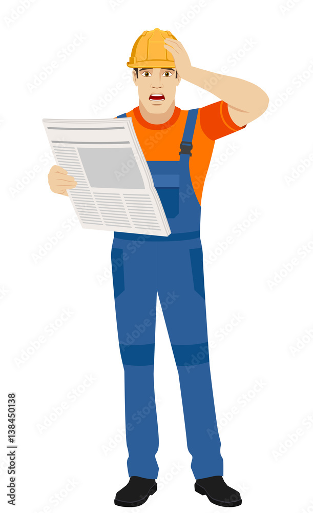 Builder with newspaper grabbed his head Builder with newspaper grabbed his head