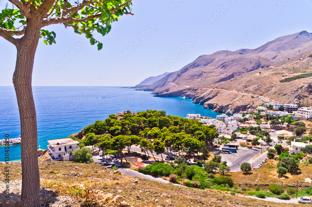 Landscape, mountains and view at Lybian sea coast at south side of Crete island, Greece