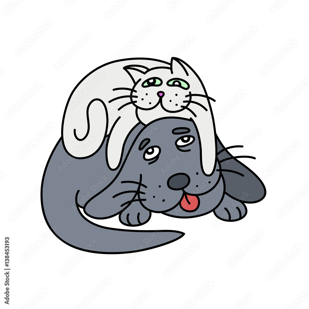 Obraz premium funny cat laying on the dog. vector illustration.