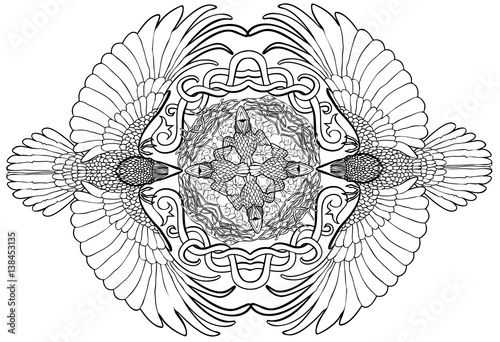Vector illustration of ravens family aerie Celtic ornament black and white