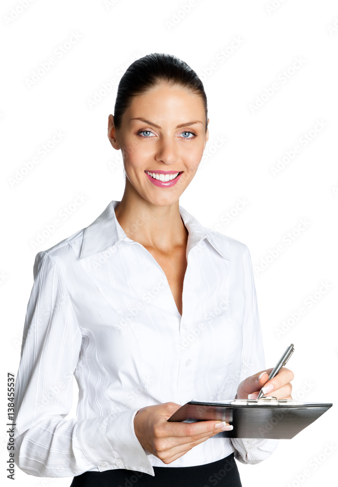 smiling businesswoman with clipboard, isolated smiling businesswoman with clipboard, isolated