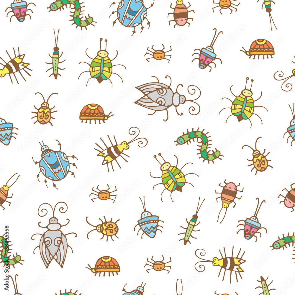 Seamless pattern with cute cartoon colorful beetles on white background