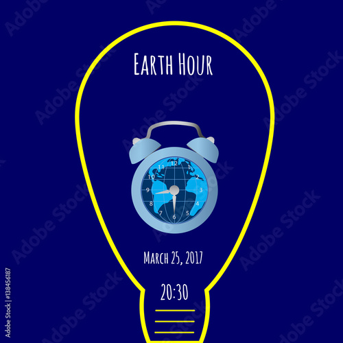 Earth, bulb light, alarm clock on blue background