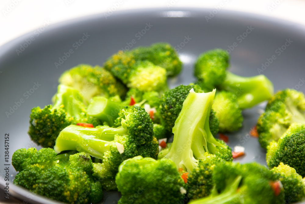 Raw broccoli is roasted in the pan with the chilli. Raw broccoli is roasted in the pan with the chilli.