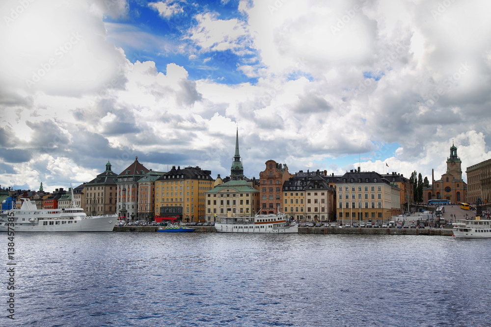 Fototapeta premium View of Gamla Stan from bridge Skeppsholmsbron in Stockholm, Sweden