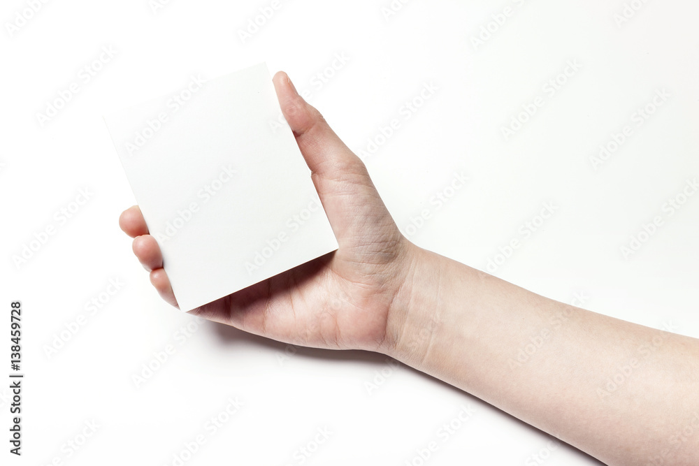 woman hand hold a empty post card isolated white. woman hand hold a empty post card isolated white.