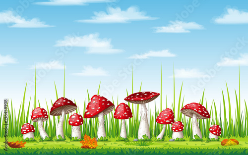 Illustration of some fly mushrooms in autumn