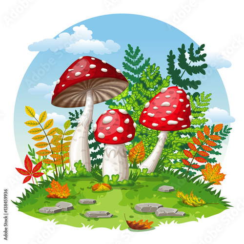 Illustration of some fly mushrooms in autumn
