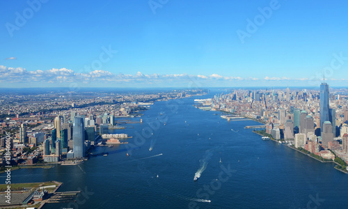Fényképezés New York, USA, September 28, 2013: New York Harbor with Empire State Building an