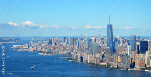 New York, USA, September 28, 2013: New York Harbor with Empire State Building and Hudson River, Aerial view