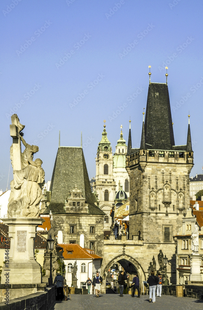 Prague, Carls Bridge, entrance to hill Hradschin, Czech Republic