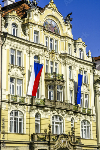 Prague, city center, row of houses, Czech flag, EU flag, Czech R